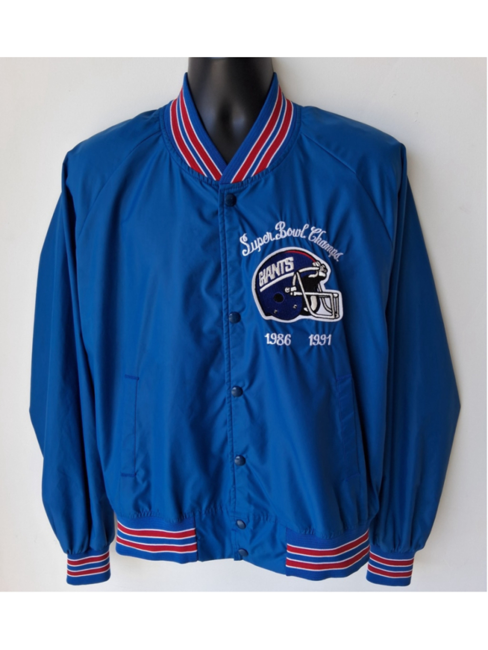 VTG 1989 NY Giants Mens XL NFL Jacket 86/91 Superbowl Blue Satin Chalk Line EUC